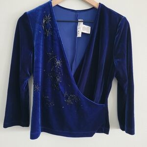 J.R. Nites by Caliendo Blue Wrap V-Neck Velvet Blouse